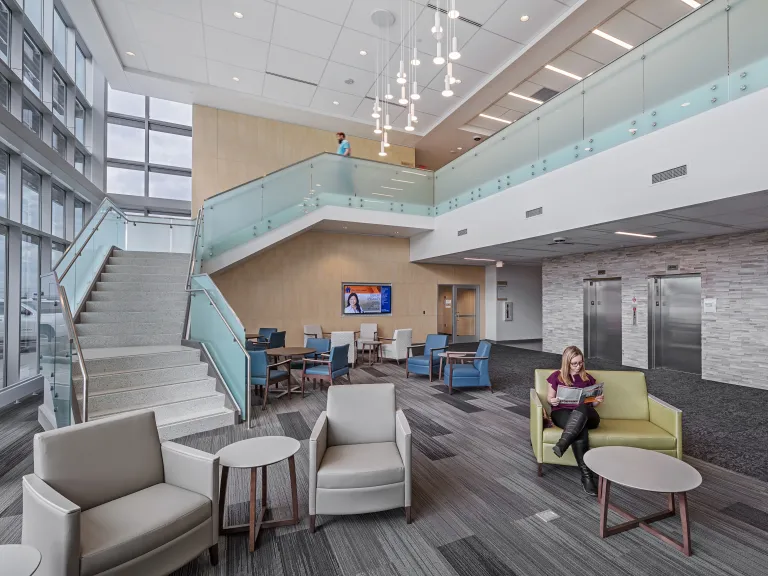 health center lobby with grand staircase