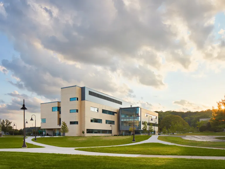 building exterior on college campus at dawn