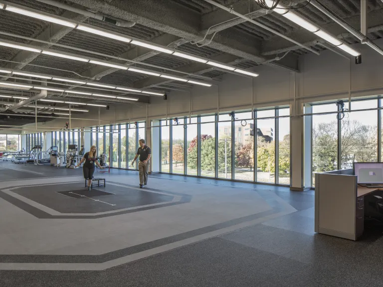 physical therapy room with campus views