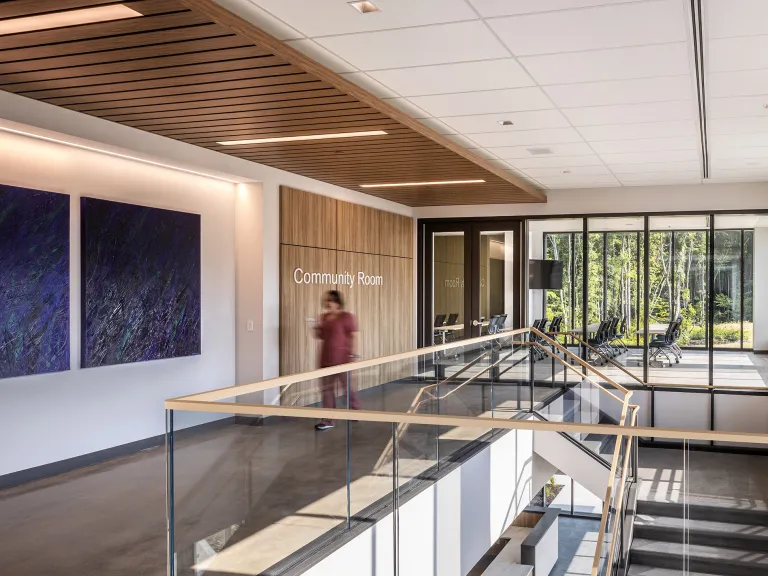 medical office building corridor with wood ceiling