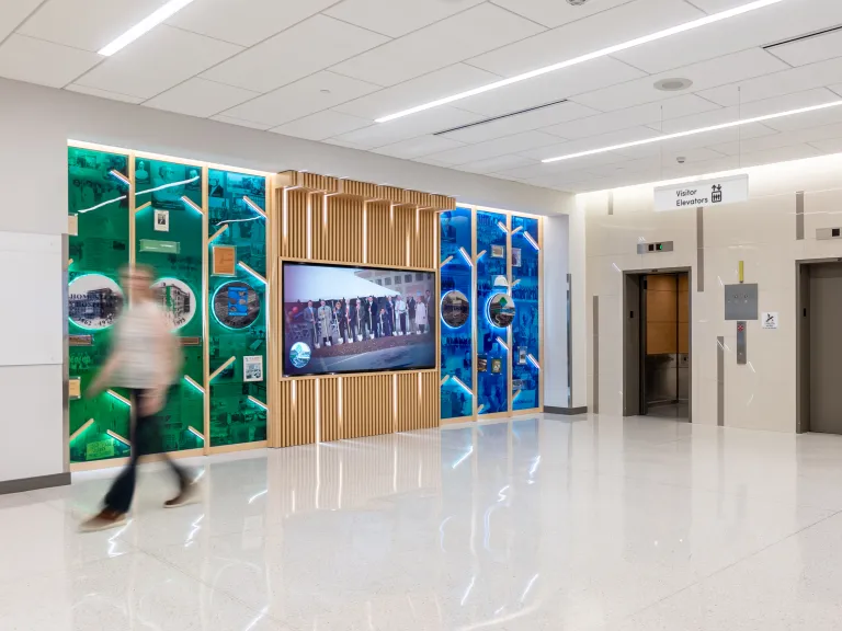 elevator lobby with graphic history wall